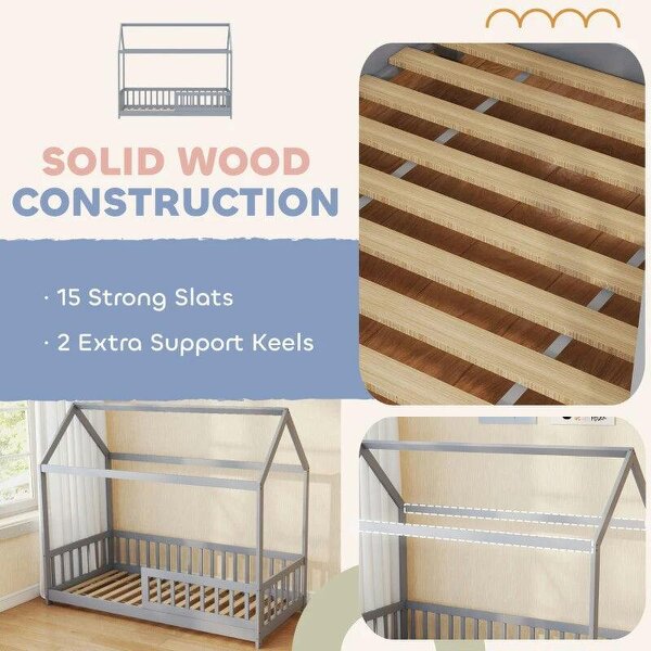 House-Shaped Kids Bed Frame with Guard Rails, Solid Pine Wood Single Bed Frame for Kids Boys and Girls, Grey