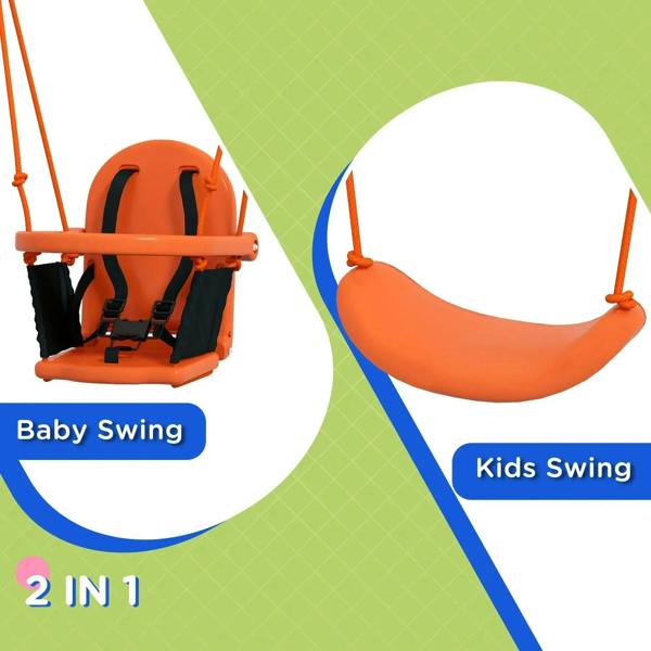 Orange toddler and kids swing seat with side handles and multiple hanging loops