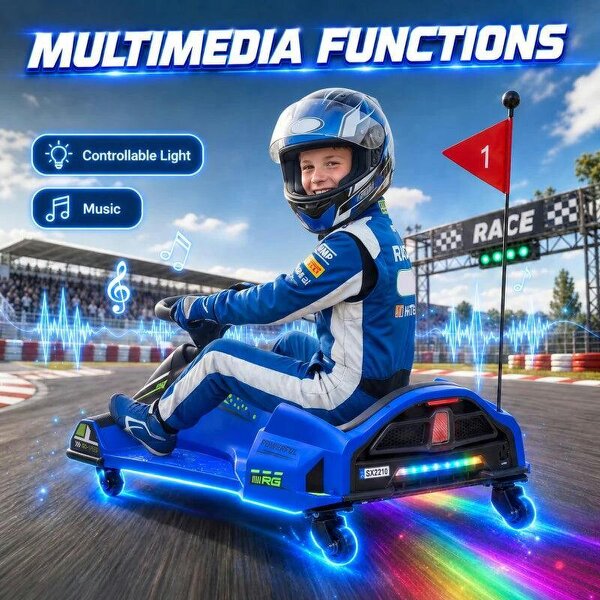 12V Kids Electric Go Kart, Ride on Drift Car with 2 Speeds, Soft Start, Music, Colourful LED Lights for Ages 8-12, Blue