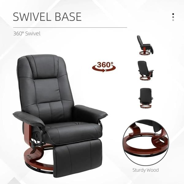 Black reclining swivel chair with wooden circular base and footrest