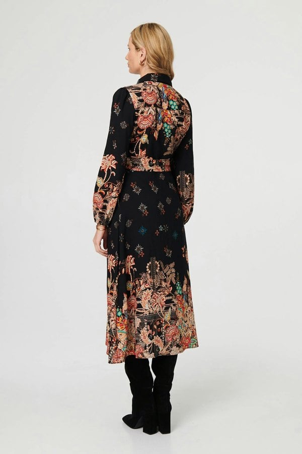 Black | Floral Tie Waist Maxi Shirt Dress
