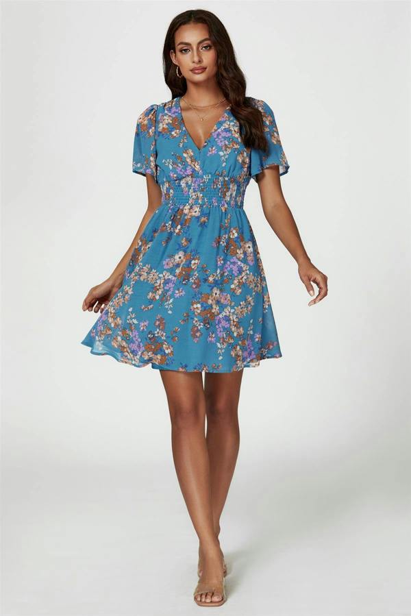 FS Collection Floral Print Short Sleeve Mini Dress In Blue