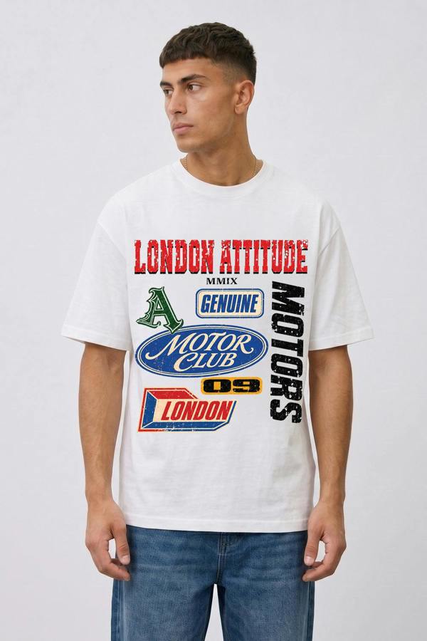 London Attitude Oversized Heavyweight Vintage Racing T-Shirt in White