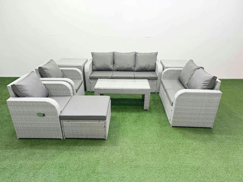 Fimous PE Rattan Outdoor Sofa Set, Double Love Seat, 2 Seater Lounge, Rectangular Coffee Table, Big Footstool and 2 Side Tables, Light Grey