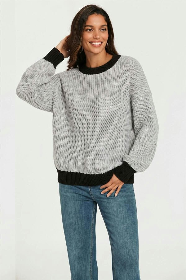 FS Collection Black Neck Knit Jumper Top In Grey