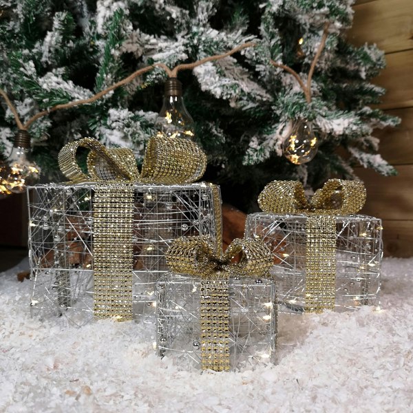 Samuel Alexander Set of 3 Battery Operated Gold Sparkly Christmas Gift Boxes with LEDs