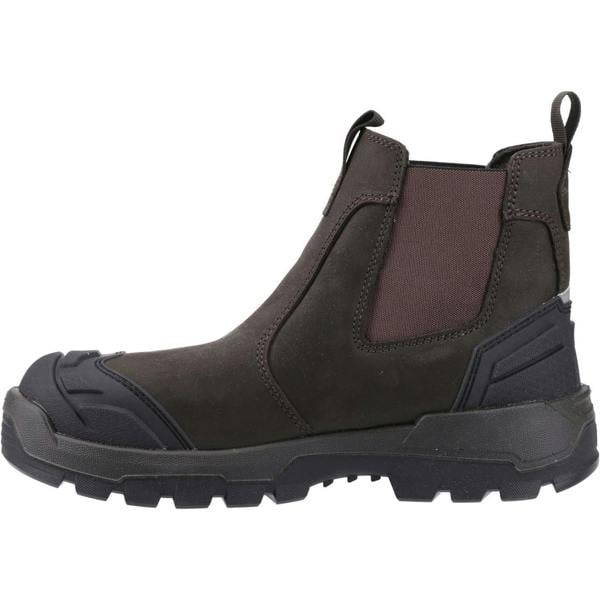 Caterpillar Striver XL Mens Pull On Waterproof S7 Safety Dealer Boots, brown men's waterproof safety boots with slip-on design and durable rubber sole.