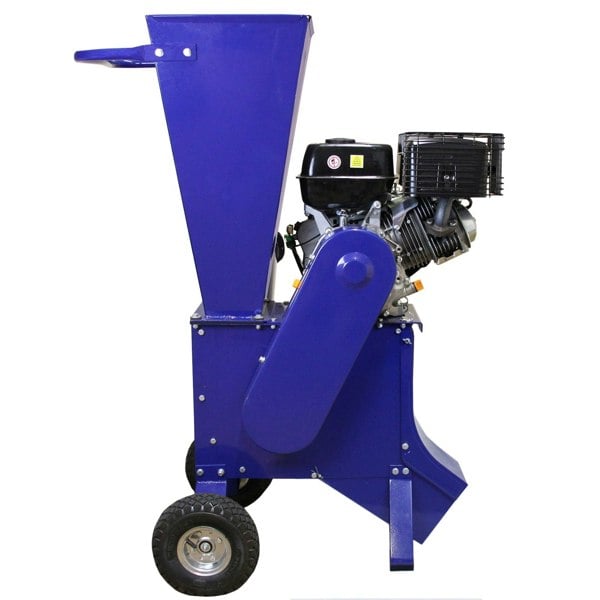 T-Mech 15HP wood chipper in vibrant blue, featuring a large chute, sturdy wheels, and a powerful engine for efficient wood processing