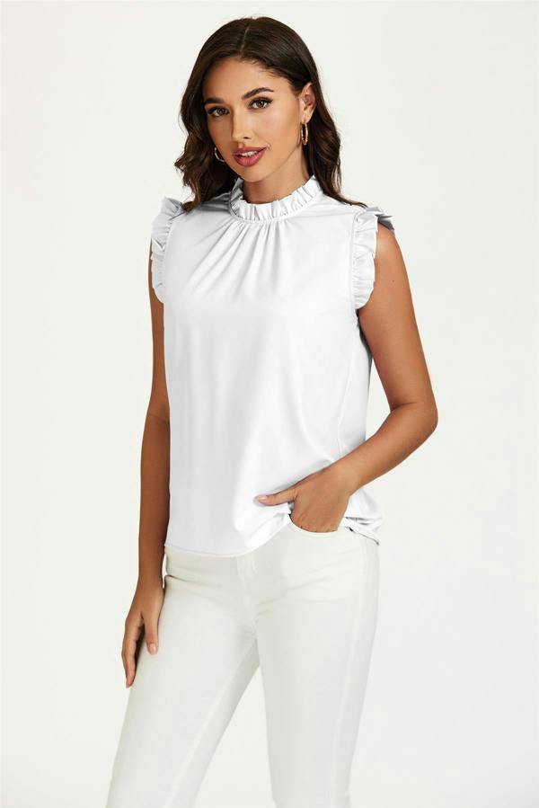 FS Collection Frill Trim Sleeve Frill Neck Blouse Top In White