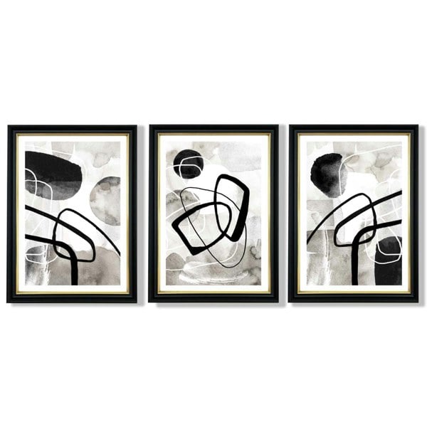 Artze Wall Art Set of 3 Abstract Black Grey Watercolour Framed Wall Art