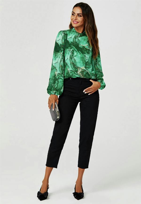 FS Collection Marble Print Long Sleeve High Neck Top In Light Green