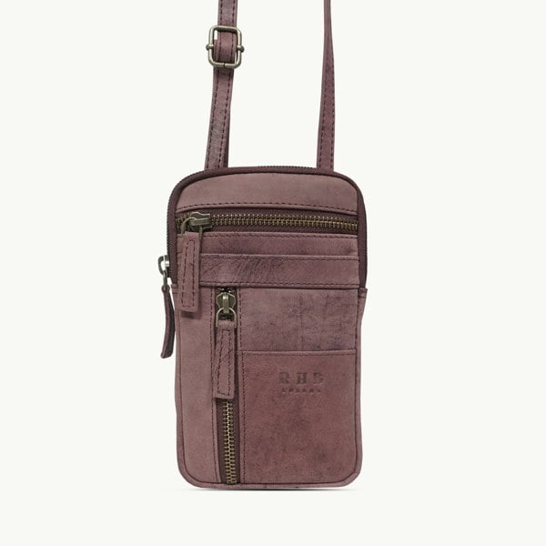 Real Hide Bags 'BROOKE' Plum Distressed Real Leather Mobile Phone Crossbody Bag