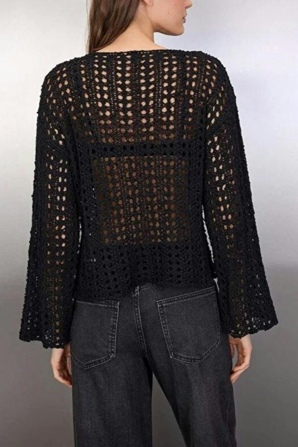 WOVCOR Openwork Boat Neck Knit Sweater