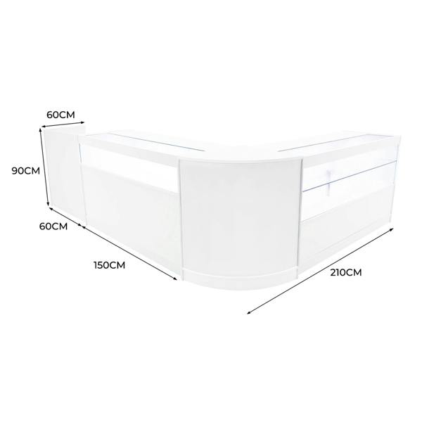 Curved white LED shop counter set featuring sleek design, dimensions of 150cm x 90cm x 60cm, ideal for retail displays