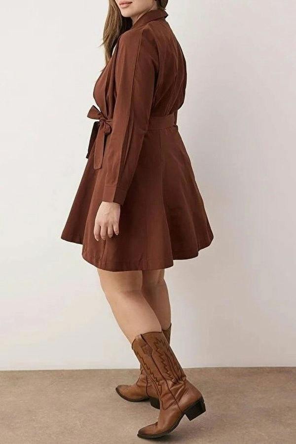 WOVCOR Mini Woven Belted Plus Size Shirt Dress