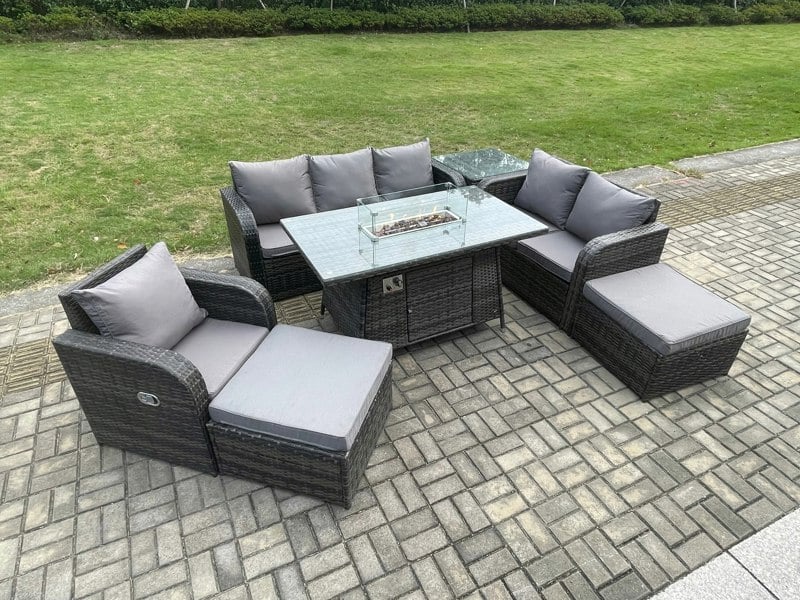Fimous Garden Patio Furniture Wicker Rattan Gas Fire Pit Table and Sofa Chair set with Side Tables 2 Big Footstool