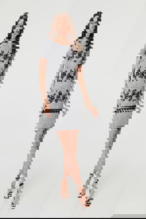 Grey | Printed Cap Sleeve Slim Short Dress
