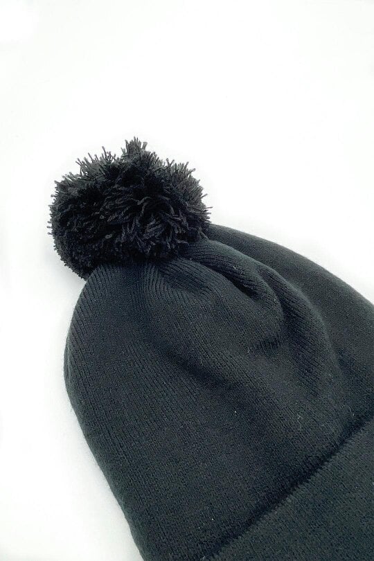 SVNX Pom Pom Beanie Hat & Nordic Knit Gloves Set in Black