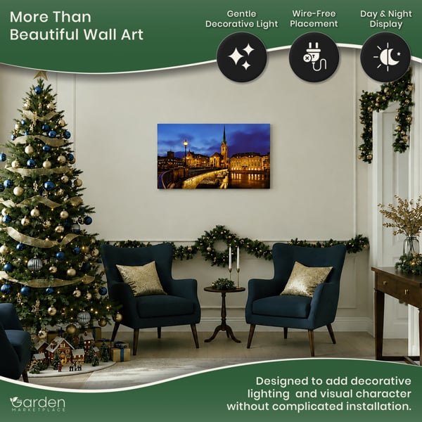Fraumünster Church Print LED Canvas, Zurich Scene with 8 LED Lights, 60 x 40 cm, Stretched Wooden Frame