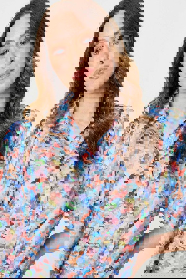 Blue | Printed Puff Sleeve Collared Shirt
