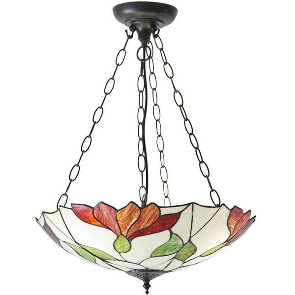 Tiffany Glass 3 Light Pendant - Modern Floral Design - Dark Bronze Finish Loops