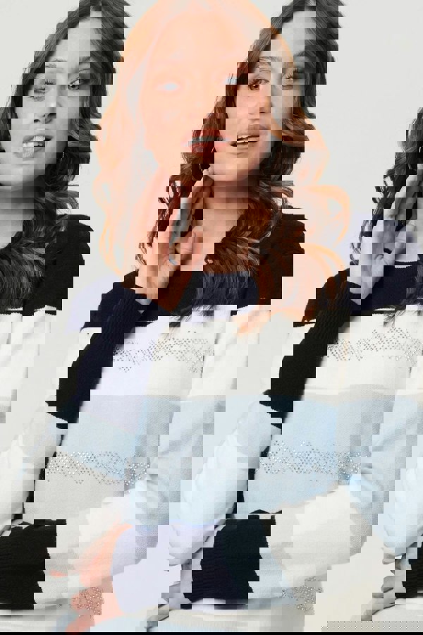 Navy | Diamante Trim Striped Slim Jumper
