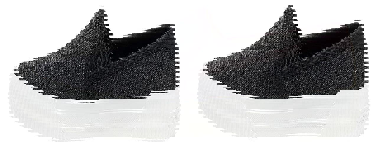 Rocket Dog Cheeryful Womens Slip On Casual Trainers Shoe, black fabric slip-on sneaker with white rubber sole.