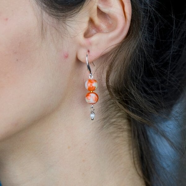 The Colourful Aura Colourful Orange Double Marble Pearl Double Simple Pearl Dangle Dainty Earrings