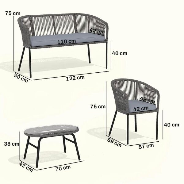 4 Piece Garden Furniture Set, Rope Garden Sofa Set with 1 Loveseat 2 Chairs Tempered Glass Table Cushions, Dark Grey