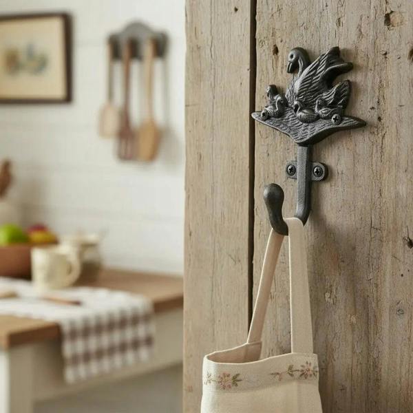 Antique Cast Iron Swan & Cygnets Single Coat/Robe Hook - 130mm