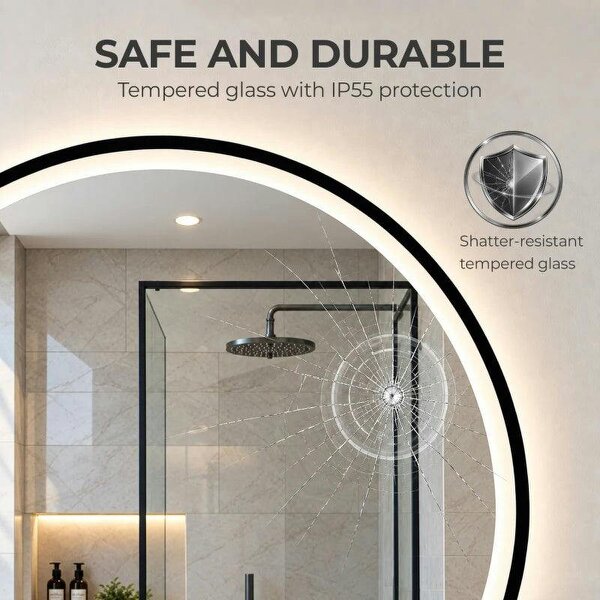 Bathroom Mirror with LED Lights, 60cm Round LED Bathroom Mirror with 3 Colours Dimmable, Bluetooth, Anti-Fog, Black