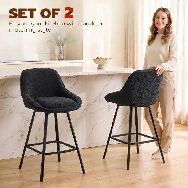 Bobobiy Bar Stools Set of 2, 64 cm Modern Linen-Touch Fabric 360° Swivel Counter Height Bar Chairs, Black
