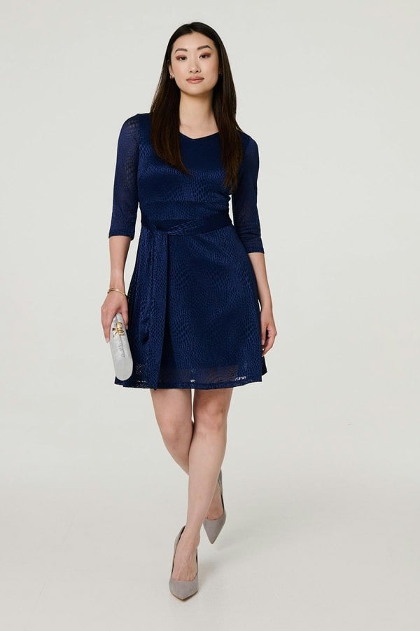 Navy | Lace Layer Tie Waist Short Skater Dress

