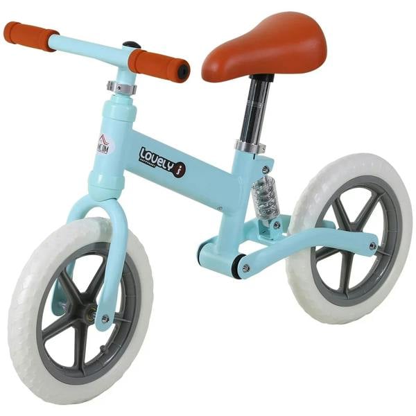 Light blue kids balance bike with orange grips, brown seat, and white EVA wheels