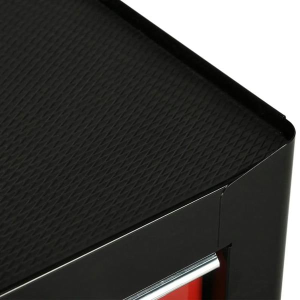 Diamond-pattern black top panel with silver edge trim on a steel tool chest
