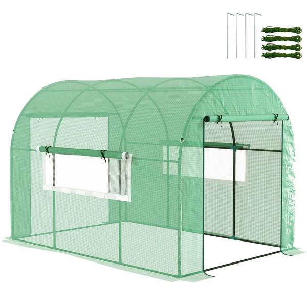 Green walk-in polytunnel greenhouse with arched frame and double zip doors