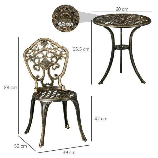 Bronze cast aluminum armless chair and round table with central parasol hole