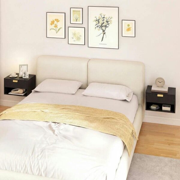 Set of 2 Wall Mounted Nightstands, Floating Bedside Tables with Fluted Drawer and Open Shelf for Small Bedroom, Black