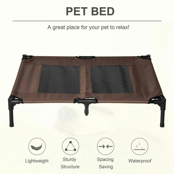 Brown elevated pet bed cot with wide mesh top and black metal legs
