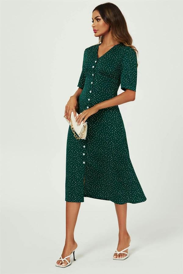 FS Collection Dot Print Button Front Midi Dress In Green