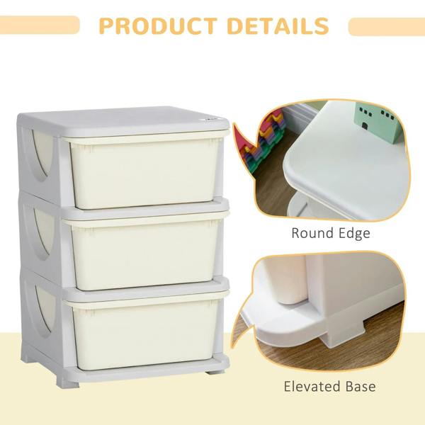 Kids storage box detail view: cream drawers on elevated gray base, rounded edges