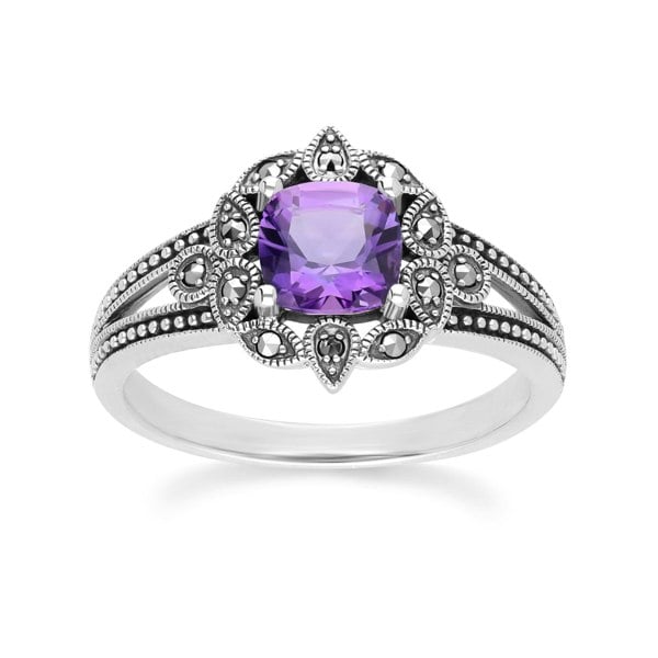 Gemondo Art Deco Style Cushion Amethyst & Marcasite Ring in Sterling Silver