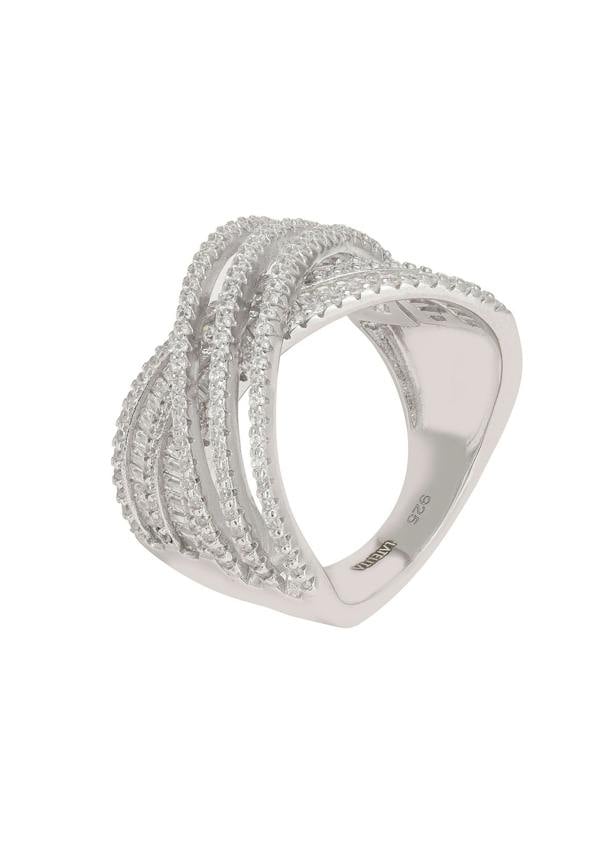 Silver ring with multiple bands on a white background