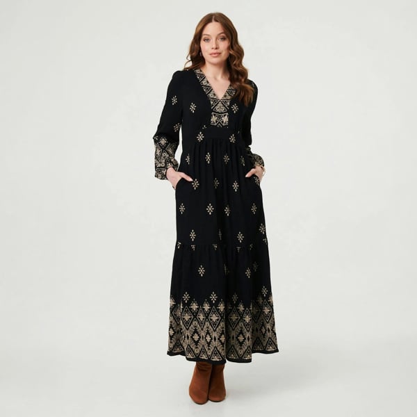 Izabel London Border Print Long Sleeve Maxi Dress