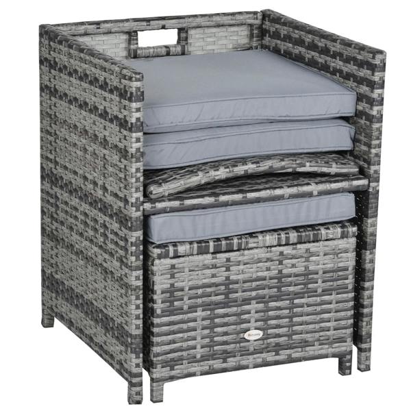 Grey woven rattan armchair with three stacked seat and back cushions