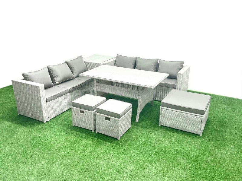 Fimous Rattan Garden Furniture Set 9 Seater Outdoor Sofa Set with Dining Table Side Table 3 Footstools Light Grey Mixed