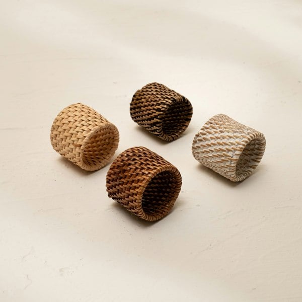 White wash round wicker napkin rings set 4 handwoven rattan dining