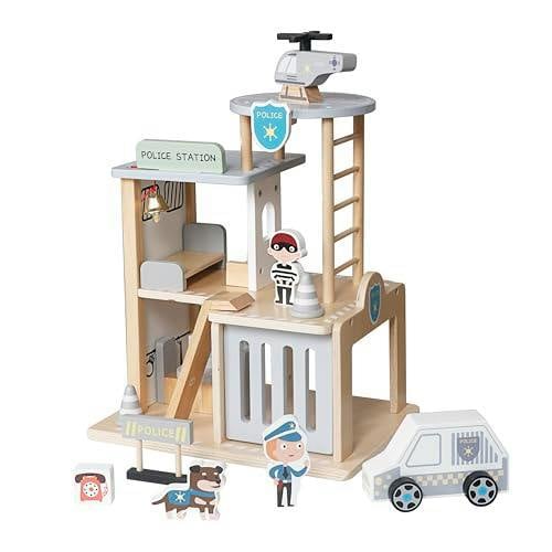 HYGRAD® Wooden Police Station Playset for Kids – Multilevel Pretend Play Toy Dollhouse, 3-Level with Figures, Car, Helicopter Pad, Prison Cell