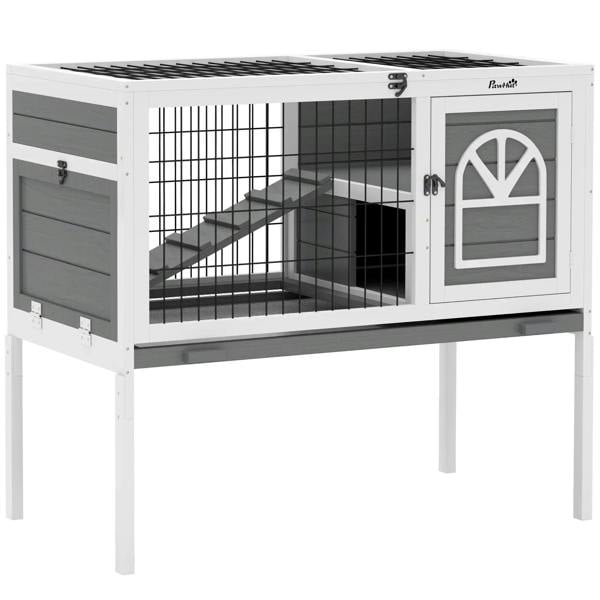 Grey wooden small animal hutch with wire door and openable top panel