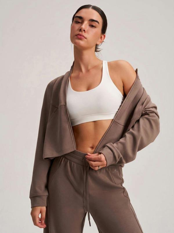 Anniou Cropped Stand Collar Athletic Jacket - Brown